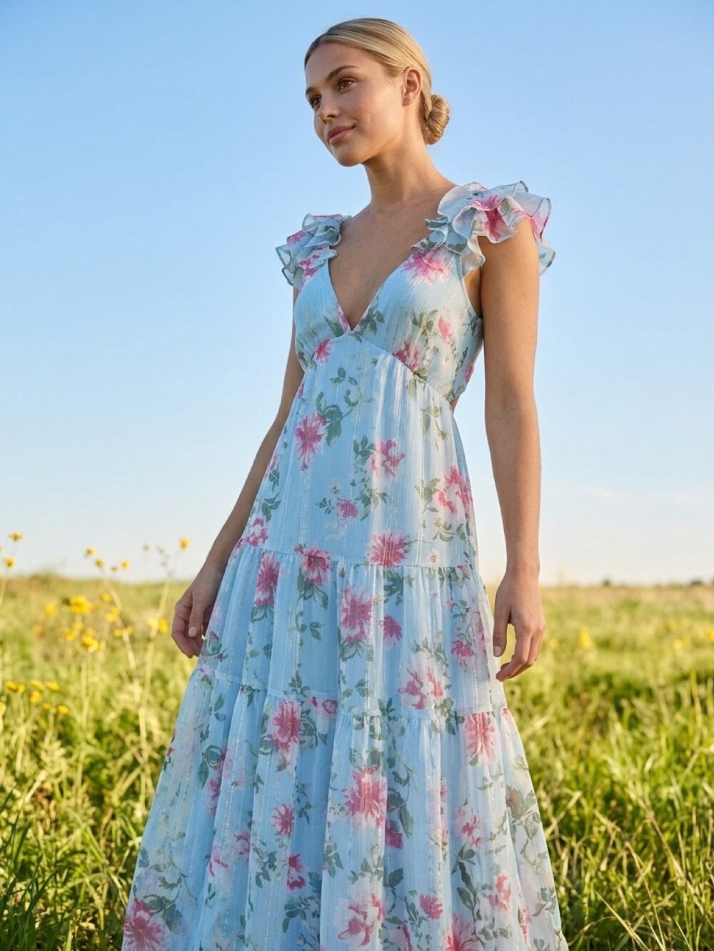 Inmod Blue Floral Open Back Maxi Dress Ruffle Sleeve Garden Party NWT S